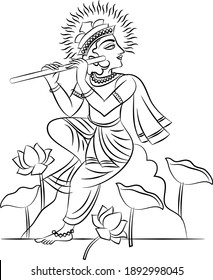 Lord Krishna in Indian mythology. Wall painting in Rajasthan India. Kalamkari. for a coloring book, textile fabric prints, phone case, greeting card. logo, calendar