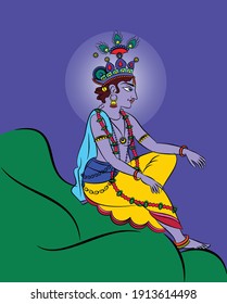 Lord Krishna in Indian mythology. Wall painting in Rajasthan India. Kalamkari. for a coloring book, textile fabric prints, phone case, greeting card. logo, calendar 