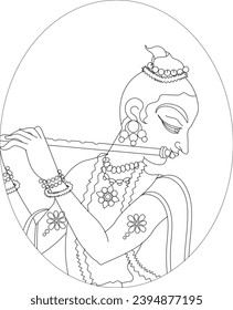 Lord Krishna in Indian mythology. Wall painting in Rajasthan India. Kalamkari. for a coloring book, textile fabric prints, phone case, greeting card. logo, calendar	
