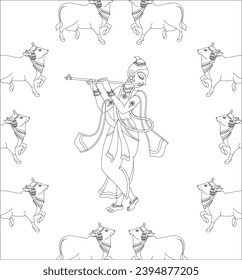 Lord Krishna in Indian mythology. Wall painting in Rajasthan India. Kalamkari. for a coloring book, textile fabric prints, phone case, greeting card. logo, calendar	

