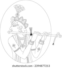 Lord Krishna in Indian mythology. Wall painting in Rajasthan India. Kalamkari. for a coloring book, textile fabric prints, phone case, greeting card. logo, calendar	
