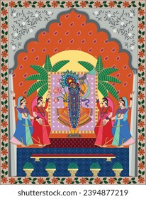 Lord Krishna in der indischen Mythologie. Mauermalerei in Rajasthan Indien. Kalamkari. für ein Farbbuch, Stoffdruck, Telefongehäuse, Grußkarte. Logo, Kalender	
