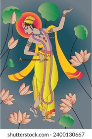 Lord Krishna in Indian mythology. Wall painting in Rajasthan India. Kalamkari. for a coloring book, textile fabric prints, phone case, greeting card. logo, calendar	