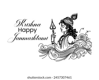 Lord Krishna line art vector design. Krishna happy Janmashtami.