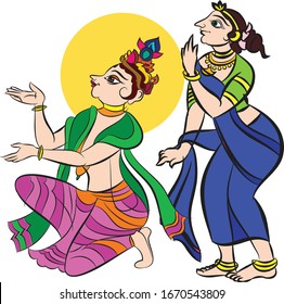 lord krishna haciendo el amor con Radha su amante. dibujado al estilo Madhubani Kalamkari para la impresión textil Telangana, India