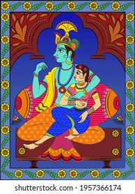 lord krishna making love with Radha his lover. drawn in Madhubani Kalamkari style for textile printing Telangana, India