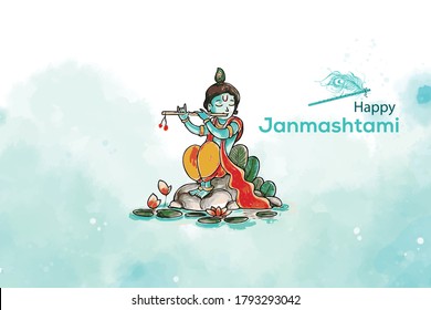  Lord Krishna playing bansuri (flute) in religious festival background of Shri Krishan Janmashtami