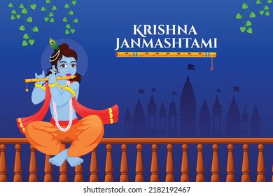 Lord Krishna playing bansuri (flute) in Happy Janmashtami festival background of India