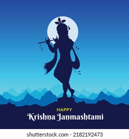 Lord Krishna playing bansuri (flute) in Happy Janmashtami festival background of India