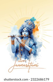 Lord Krishna playing bansuri (flute) in religious festival background of Shri Krishan Janmashtami