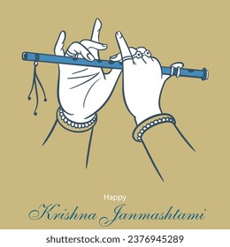 Lord Krishna playing bansuri (flute) in Happy Janmashtami festival background of India