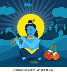 Lord Krishna playing bansuri (flute) in religious festival background of Shri Krishan Janmashtmi