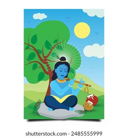 lord Krishna playing bansuri (flute) in happy janmashtmi festival background of India