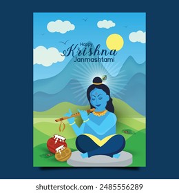 Lord Krishna playing bansuri flute in Happy Janmashtmi festival background