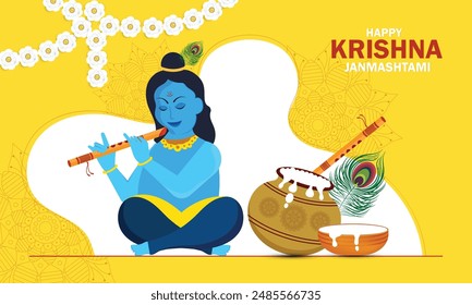 Lord Krishna playing bansuri (flute) in Happy Janmashtmi festival background of India