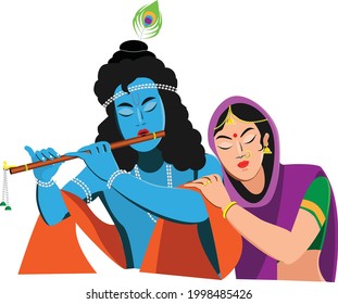 Lord Krishna tocando flauta con Goddess Radha