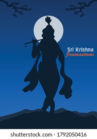 lord Krishna playing flute on moonlight illustration 