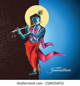 Lord krishna playing flute happy janmashtami holiday festival card background
