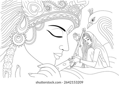 Lord Krishna Playing Flute with Radha and Peacock - Line Art, A spiritual black and white line art illustration depicting Lord Krishna playing his divine flute, with Radha or a devotee listening