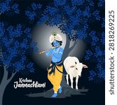Lord Krishna playing flute under a tree with cow at night vector illustration for Happy Janmashtami festival greeting card.