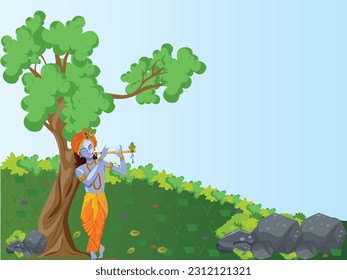Lord Krishna Jugando Flauta Bajo La Ilustración Del Árbol 