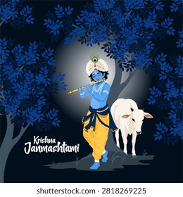 Lord Krishna playing flute under a tree with cow at night vector illustration for Happy Janmashtami festival greeting card.