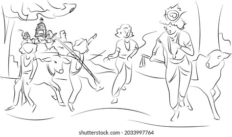 Lord Krishna playing with friends and cows