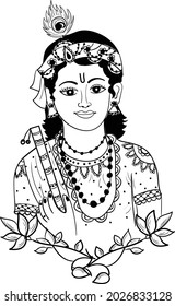 Lord Krishna plays his flute, vector Illustration. Happy Janmashtami, annual Hindu festival greetings. Line art portrait of holy person. Indian god lord krishna play flute(bansuri) clip art vector 