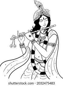 Lord Krishna plays his flute, vector Illustration. Happy Janmashtami, annual Hindu festival greetings. Line art portrait of holy person. Indian god lord krishna play flute(bansuri) clip art vector 