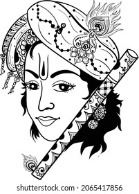 Lord Krishna plays his flute, vector Illustration. Happy Janmashtami, annual Hindu festival greetings. Line art portrait of holy person. Indian god lord krishna play flute(bansuri) clip art vector 
