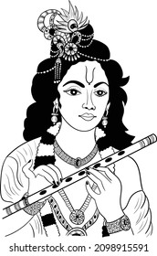 Lord Krishna plays his flute, vector Illustration. Happy Janmashtami, annual Hindu festival greetings. Line art portrait of holy person. Indian god lord krishna play flute(bansuri) clip art vector 