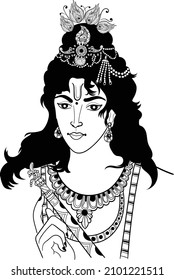 Lord Krishna plays his flute, vector Illustration. Happy Janmashtami, annual Hindu festival greetings. Line art portrait of holy person. Indian god lord krishna play flute(bansuri) clip art vector 