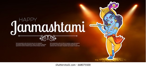 Lord Krishna Poster with Spotlights. Happy Janmashtami Flyer Template.  Indian Festival. Vector illustration