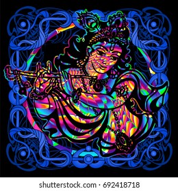 The Lord Krishna is a psychedelic painting in a retro style. Popular vintage graphics postcard and posters from the 1960s to the 1980s. Art Nouveau and Hippie art. Goa trance art. Design of T-shirts