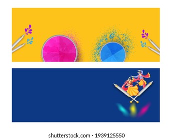 Lord Krishna And Radha Doing Dance With Water Guns, Powder (Gulal) Bowls On Background In Two Color Options. Header Or Banner Design.