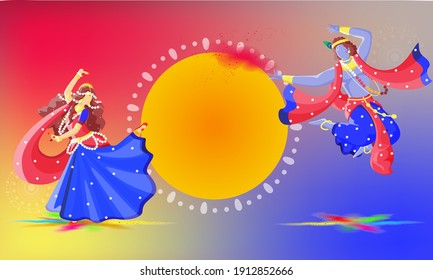 Lord Krishna And Radha Performing Dance With Empty Circular Frame Given For Text On Gradient Background.