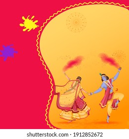 Lord Krishna And Radha Performing Dance With Enjoy Colors On Pink And Yellow Background.