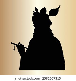 Lord Krishna Silhouette with Flute on Golden Background
