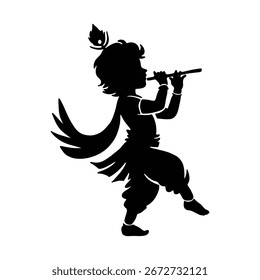 Lorde Krishna Silhueta Vetor Tocando Flauta, Hindu Deus Design de Ilustração