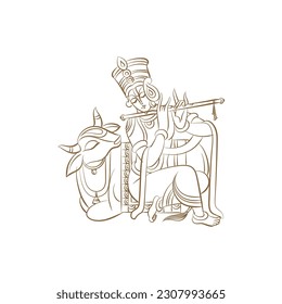 lord krishna sitting with cow vector illustration for krishna janmashtami