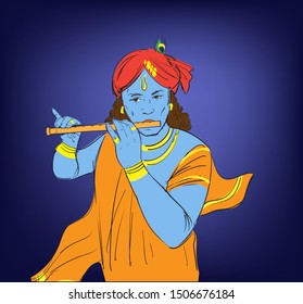Lord Krishna vector illustration playing bansuri 