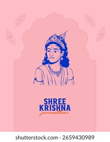 Ilustración vectorial del Señor Krishna, boceto con el diseño de Plantilla de Anuncio del festival Shree Krishna Janmashtami