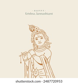 Lord Krishna's minimal line drawing illustration, outline sketch for Krishna Janmashtami's social post design 
