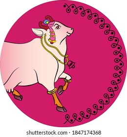 lord Krishna's cow rendered in Pichwai style. Indian folk art. for a coloring book, textile/ fabric prints, phone case, greeting card. logo, calendar