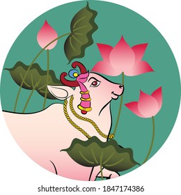 lord Krishna's cow rendered in Pichwai style. Indian folk art. for a coloring book, textile/ fabric prints, phone case, greeting card. logo, calendar