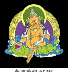 Lord Kubera. The God of wealth and treasures. Indian, Hindu motifs. Tattoo, yoga, spirituality, textiles. Vector illustration.