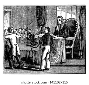 Lord Mayor of London 1820 which was interrupted in the course of his business at Mansion House, vintage line drawing or engraving illustration.