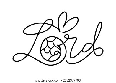 Lord monoline calligraphy text word and Christmas Vector religious Nativity Scene of baby Jesus with Joseph and Mary. Minimalist art line drawing, print and logo design.