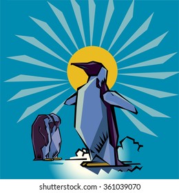 Lord penguin haloed by the sun with two follower penguins in the background