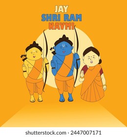 Lord Rama along with wife Sita and brother Laxman. Ram Navmi festival vector illustration. 